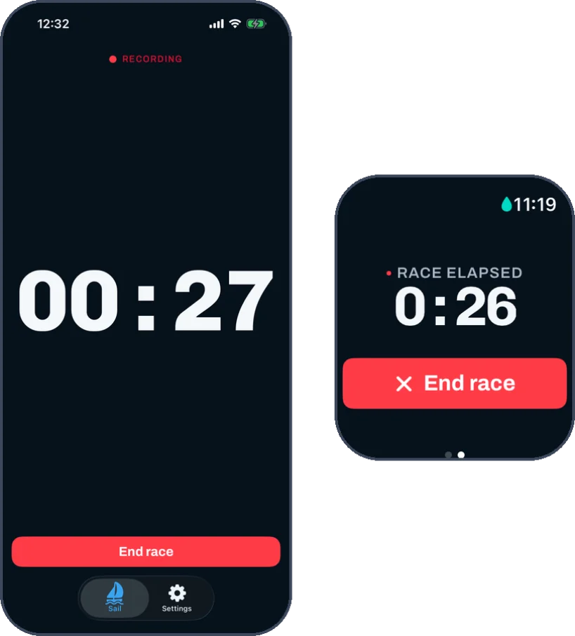 Black Box mode on iPhone and Apple Watch during a race: only the elapsed time, a recording indicator and an End race button