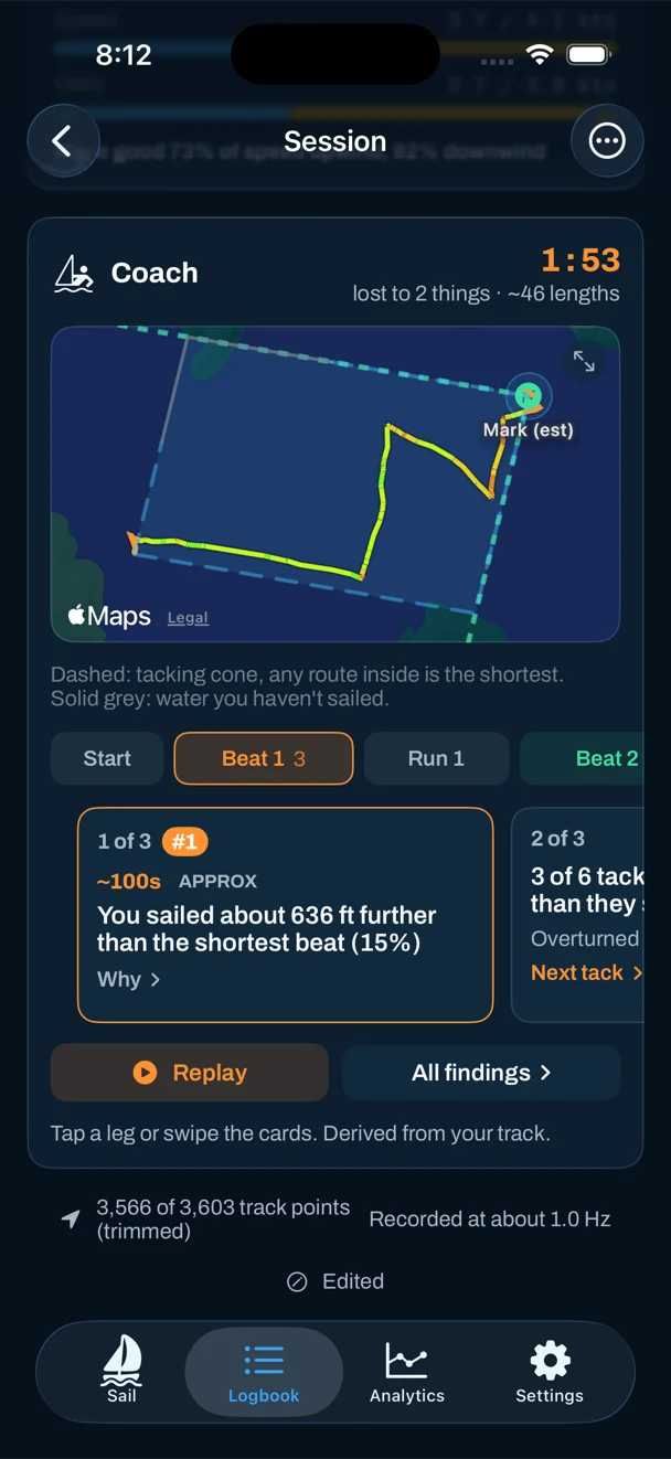 Sail Tactician's Coach card on iPhone, ranking findings from a race by the seconds they cost