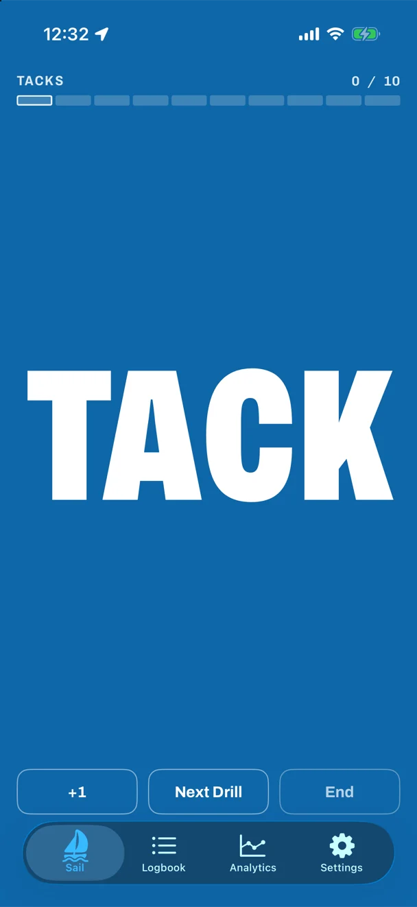 Sail Tactician's coaching screen on iPhone during a tacking drill: the word TACK in white on a full blue screen, a counter reading 0 of 10 tacks, and +1, Next Drill and End buttons