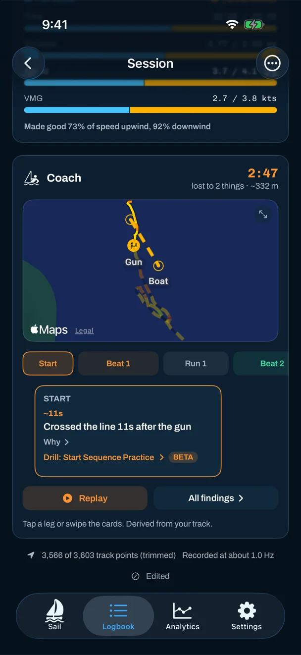 Sail Tactician's Coach card on iPhone after a real MC Scow race: 2 minutes 47 seconds lost to two things, the Start chip selected, the map framed on the start line with the gun and the committee boat end, and the finding Crossed the line 11 seconds after the gun, with a link to the Start Sequence Practice drill