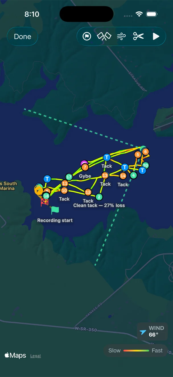 A recorded session's track on the map in Sail Tactician, coloured by speed