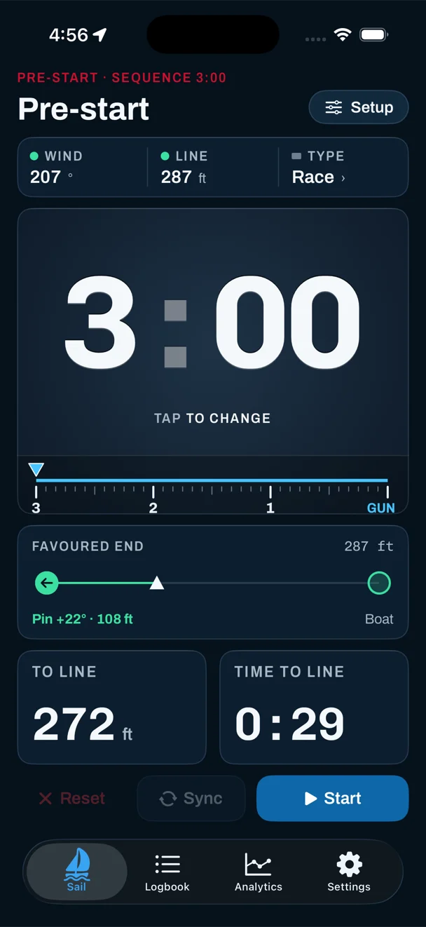 Sail Tactician on iPhone before a start: a 3:00 countdown, wind 207 degrees, a 287-foot line with the pin end favored by 22 degrees, 272 feet to the line and 29 seconds to reach it