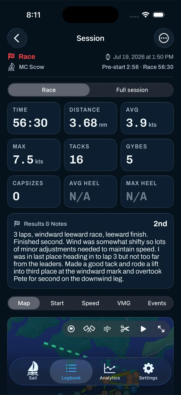 Sail Tactician session summary on iPhone for an MC Scow race, with Results & Notes describing the race