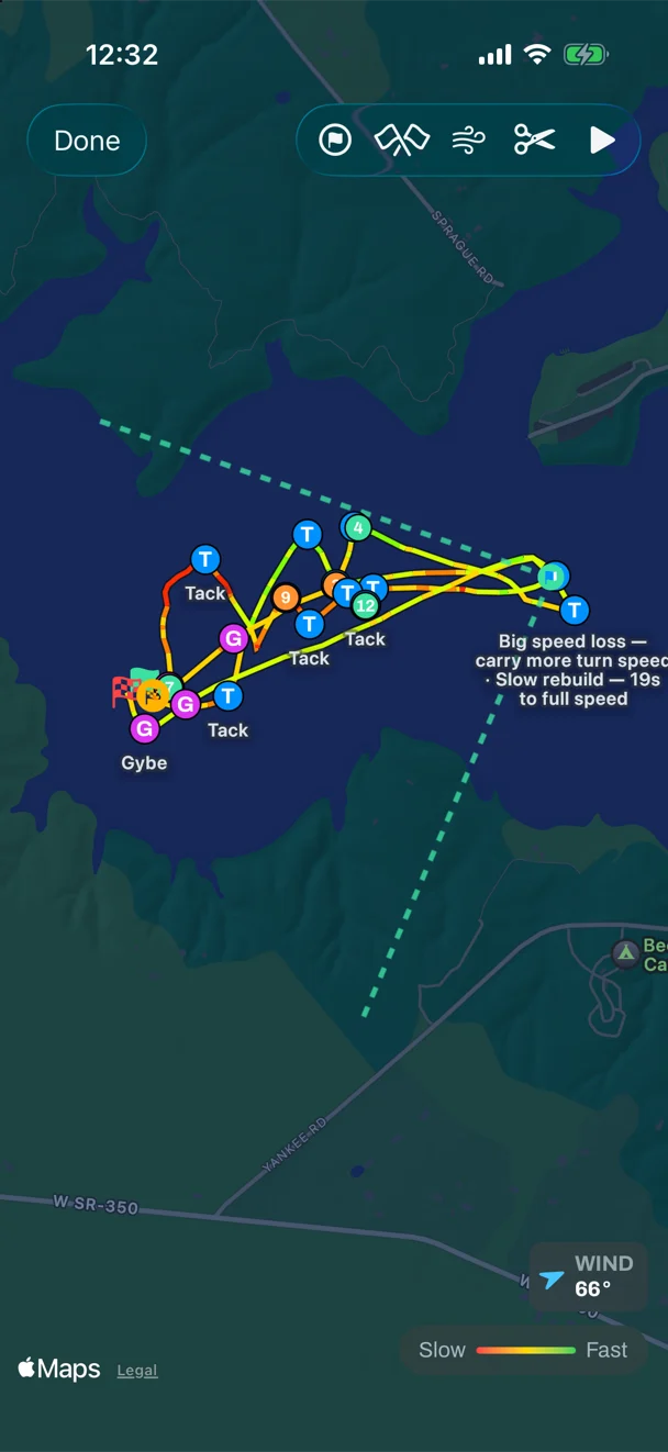 Sail Tactician session map on iPhone with the windward mark placed and its two laylines drawn over the track