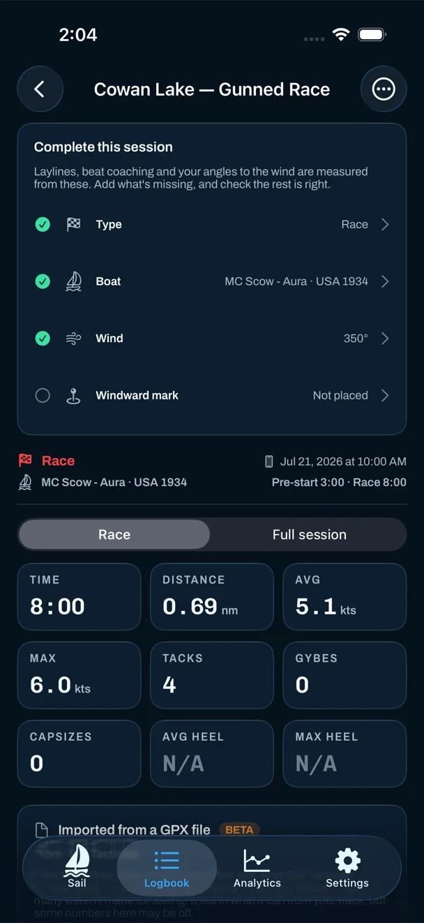 A race's detail screen with the Complete this session card: Type Race, Boat and Wind 350 degrees are checked, Windward mark reads Not placed. Below it, the race's time, distance and speed tiles