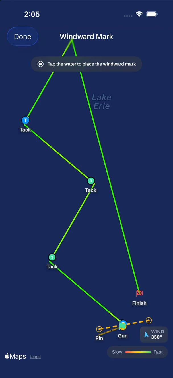 The Windward Mark map: the track over open water from the gun up a beat with three tacks and down the run to the finish, with the hint Tap the water to place the windward mark