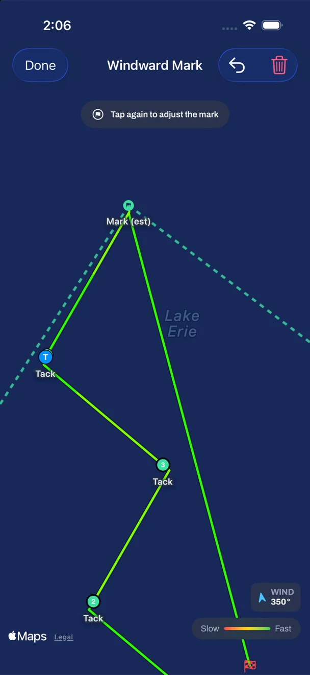 The same map with the mark placed at the top of the beat and labeled Mark, estimated, with both laylines drawn as dashed lines from it