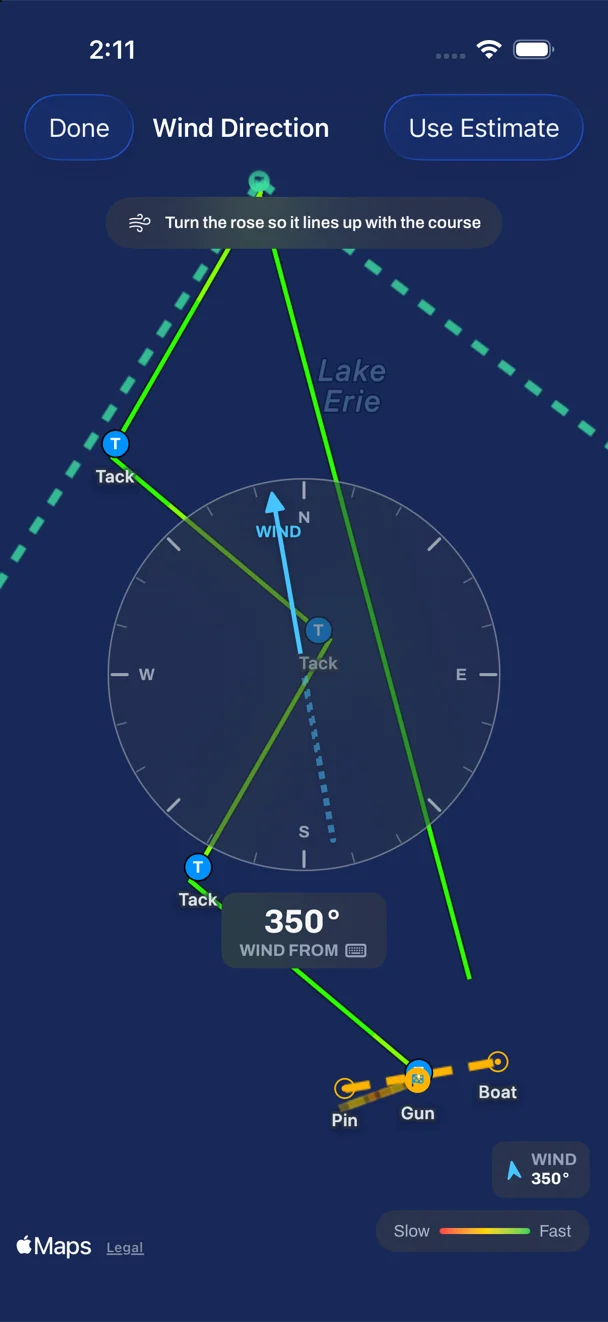 The Wind Direction rose drawn over the race track, with the arrow pointing up the beat and the readout 350 degrees wind from, plus a Use Estimate button and the hint Turn the rose so it lines up with the course