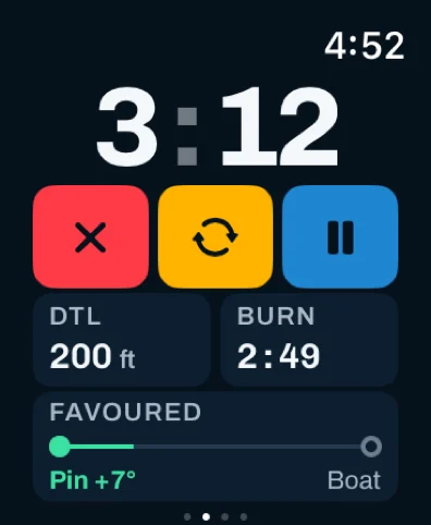 Sail Tactician's countdown on Apple Watch: 3:12 to go, 200 feet to the line, 2:49 to burn, and the pin end favored by 7 degrees