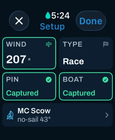 Sail Tactician's Race Setup on Apple Watch: wind 207 degrees, type Race, Pin and Boat both captured, and boat class MC Scow with a 43 degree no-sail angle