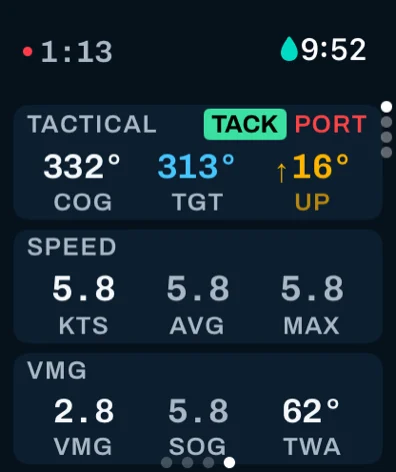 A Sail Tactician race page on Apple Watch with the Tactical row showing the steering cue